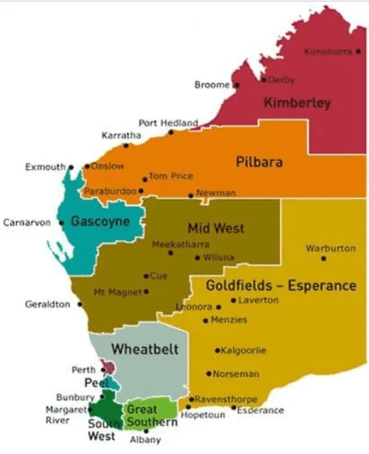 Colour-coded map of Western Australia regions including Kimberley, Pilbara, Gascoyne, Goldfields, Mid West, and the South West